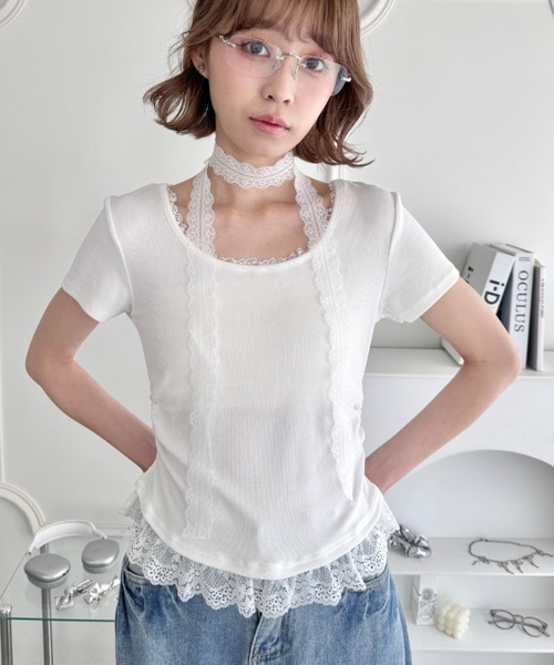 Loueme（ルエム）の「レースチョーカー付き裾フリルトップス（Tシャツ/カットソー・レディース・ライトブルー/ブラック/グレー/オフホワイト・FREE）」の18枚目の写真