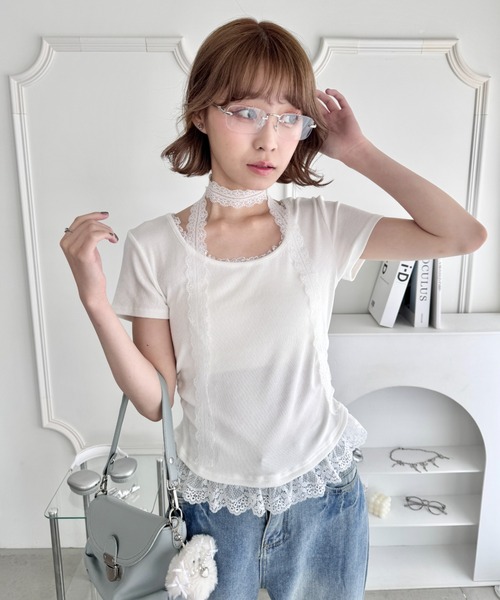Loueme（ルエム）の「レースチョーカー付き裾フリルトップス（Tシャツ/カットソー・レディース・ライトブルー/ブラック/グレー/オフホワイト・FREE）」の20枚目の写真