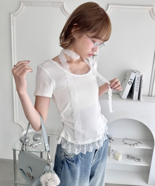 Loueme（ルエム）の「レースチョーカー付き裾フリルトップス（Tシャツ/カットソー・レディース・ライトブルー/ブラック/グレー/オフホワイト・FREE）」の21枚目の写真