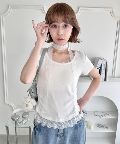 Loueme（ルエム）の「レースチョーカー付き裾フリルトップス（Tシャツ/カットソー・レディース・ライトブルー/ブラック/グレー/オフホワイト・FREE）」の22枚目の写真