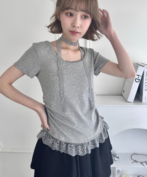 Loueme（ルエム）の「レースチョーカー付き裾フリルトップス（Tシャツ/カットソー・レディース・ライトブルー/ブラック/グレー/オフホワイト・FREE）」の8枚目の写真