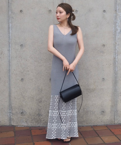 openwork knit long dress /配色透かし編みノースリーブニット