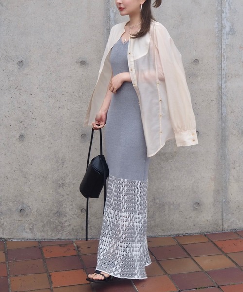 openwork knit long dress /配色透かし編みノースリーブニット