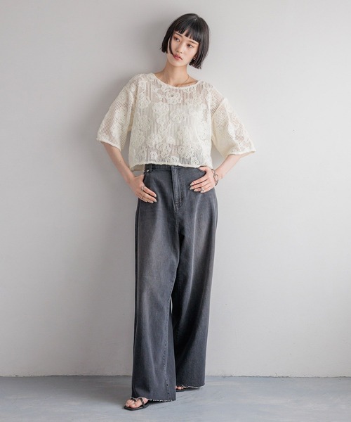 LOWRYS FARM（ローリーズファーム）の「３Ｄレース５Ｓ　 492171（Tシャツ/カットソー・レディース・ブラック/アイボリー/ブラウン・FREE）」の8枚目の写真