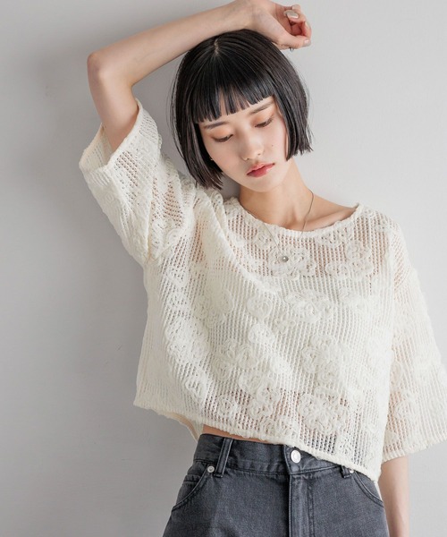 LOWRYS FARM（ローリーズファーム）の「３Ｄレース５Ｓ　 492171（Tシャツ/カットソー・レディース・ブラック/アイボリー/ブラウン・FREE）」の6枚目の写真