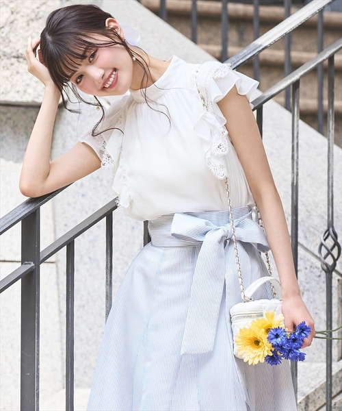 新品未使用ブラウス　シフォン生地　フリルスリーブ セール】シフォン×レースフリルスリーブブラウス（シャツ