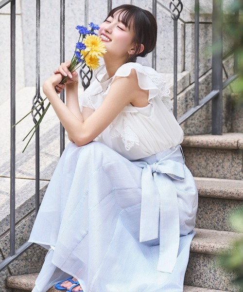 新品未使用ブラウス　シフォン生地　フリルスリーブ セール】シフォン×レースフリルスリーブブラウス（シャツ