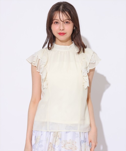 セール】シフォン×レースフリルスリーブブラウス（シャツ
