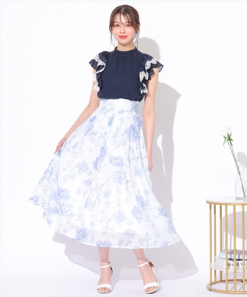 セール】シフォン×レースフリルスリーブブラウス（シャツ