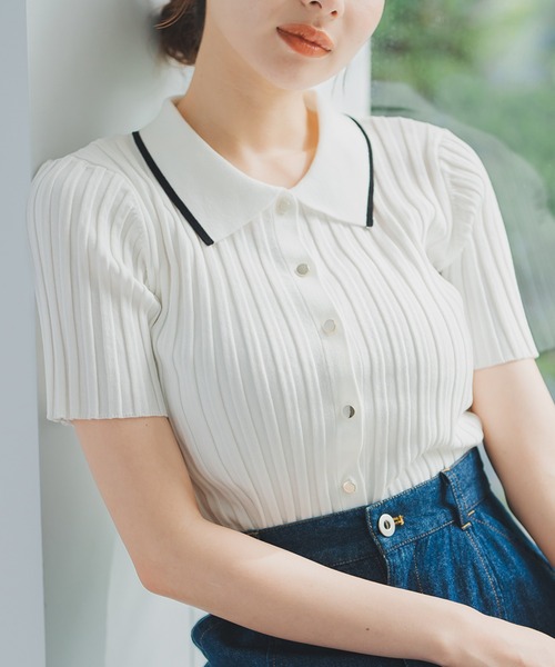 MISCH MASCH（ミッシュマッシュ）の「ポロ衿半袖リブニット（ニット/セーター・レディース・ブラック/シルバー/ホワイト・ﾌﾘ-）」の2枚目の写真