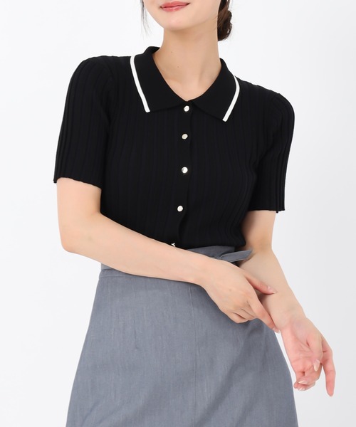 MISCH MASCH（ミッシュマッシュ）の「ポロ衿半袖リブニット（ニット/セーター・レディース・ブラック/シルバー/ホワイト・ﾌﾘ-）」の3枚目の写真
