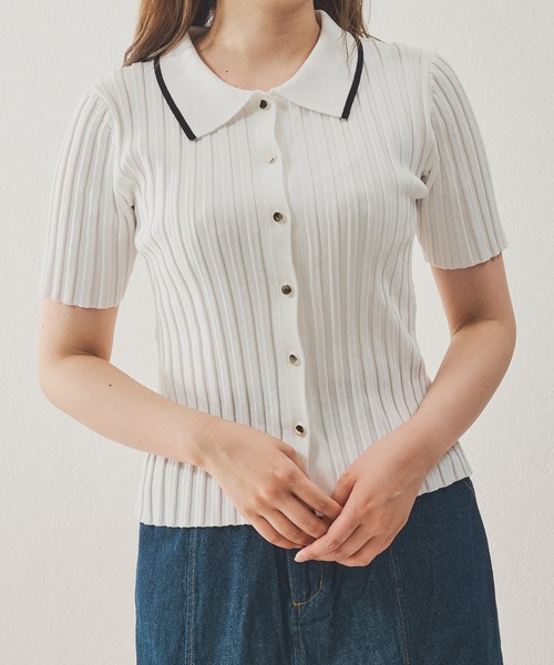 MISCH MASCH（ミッシュマッシュ）の「ポロ衿半袖リブニット（ニット/セーター・レディース・ブラック/シルバー/ホワイト・ﾌﾘ-）」の5枚目の写真