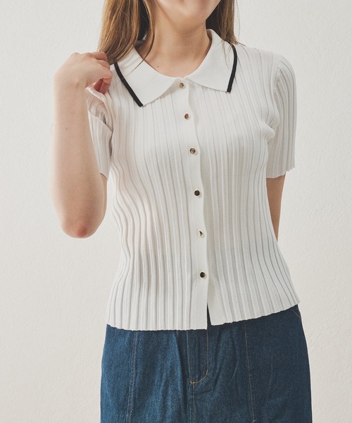MISCH MASCH（ミッシュマッシュ）の「ポロ衿半袖リブニット（ニット/セーター・レディース・ブラック/シルバー/ホワイト・ﾌﾘ-）」の6枚目の写真
