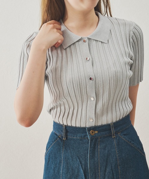 MISCH MASCH（ミッシュマッシュ）の「ポロ衿半袖リブニット（ニット/セーター・レディース・ブラック/シルバー/ホワイト・ﾌﾘ-）」の17枚目の写真