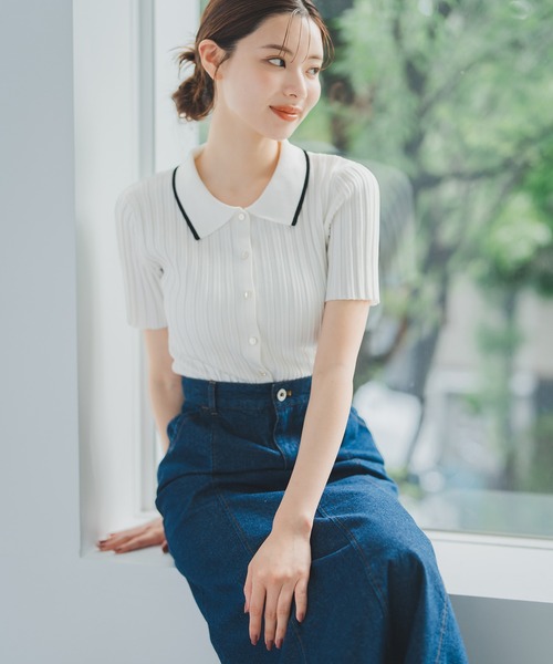 MISCH MASCH（ミッシュマッシュ）の「ポロ衿半袖リブニット（ニット/セーター・レディース・ブラック/シルバー/ホワイト・ﾌﾘ-）」の9枚目の写真