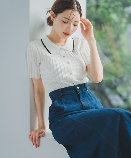 MISCH MASCH（ミッシュマッシュ）の「ポロ衿半袖リブニット（ニット/セーター・レディース・ブラック/シルバー/ホワイト・ﾌﾘ-）」の11枚目の写真
