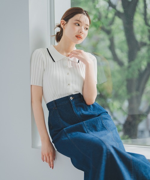 MISCH MASCH（ミッシュマッシュ）の「ポロ衿半袖リブニット（ニット/セーター・レディース・ブラック/シルバー/ホワイト・ﾌﾘ-）」の13枚目の写真