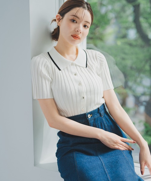 MISCH MASCH（ミッシュマッシュ）の「ポロ衿半袖リブニット（ニット/セーター・レディース・ブラック/シルバー/ホワイト・ﾌﾘ-）」の10枚目の写真