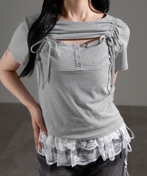 apres jour mignon(アプレジュールミニョン)の「フロントオープンリボントップス【ZOZOTOWN限定アイテム】(Tシャツ/カットソー・レディース・ブラック/杢グレー/オフホワイト・X-LARGE/フリー)」の3枚目の写真