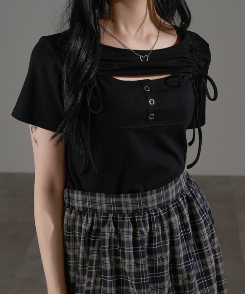 apres jour mignon(アプレジュールミニョン)の「フロントオープンリボントップス【ZOZOTOWN限定アイテム】(Tシャツ/カットソー・レディース・ブラック/杢グレー/オフホワイト・X-LARGE/フリー)」の15枚目の写真