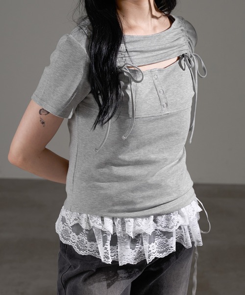 apres jour mignon(アプレジュールミニョン)の「フロントオープンリボントップス【ZOZOTOWN限定アイテム】(Tシャツ/カットソー・レディース・ブラック/杢グレー/オフホワイト・X-LARGE/フリー)」の13枚目の写真