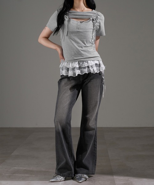 apres jour mignon(アプレジュールミニョン)の「フロントオープンリボントップス【ZOZOTOWN限定アイテム】(Tシャツ/カットソー・レディース・ブラック/杢グレー/オフホワイト・X-LARGE/フリー)」の14枚目の写真