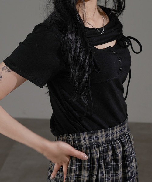 apres jour mignon(アプレジュールミニョン)の「フロントオープンリボントップス【ZOZOTOWN限定アイテム】(Tシャツ/カットソー・レディース・ブラック/杢グレー/オフホワイト・X-LARGE/フリー)」の16枚目の写真