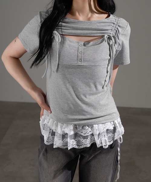 apres jour mignon(アプレジュールミニョン)の「フロントオープンリボントップス【ZOZOTOWN限定アイテム】(Tシャツ/カットソー・レディース・ブラック/杢グレー/オフホワイト・X-LARGE/フリー)」の19枚目の写真