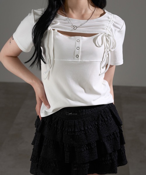 apres jour mignon(アプレジュールミニョン)の「フロントオープンリボントップス【ZOZOTOWN限定アイテム】(Tシャツ/カットソー・レディース・ブラック/杢グレー/オフホワイト・X-LARGE/フリー)」の10枚目の写真