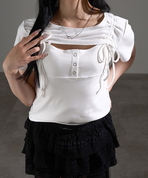 apres jour mignon(アプレジュールミニョン)の「フロントオープンリボントップス【ZOZOTOWN限定アイテム】(Tシャツ/カットソー・レディース・ブラック/杢グレー/オフホワイト・X-LARGE/フリー)」の8枚目の写真