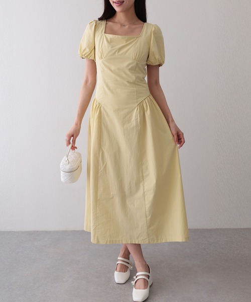 Lace Ladies（レースレディース）の「ソリッドカラー スクエアネック パフスリーブ ギャザー ワンピース（ワンピース・レディース・イエロー/アイボリー・FREE）」の3枚目の写真