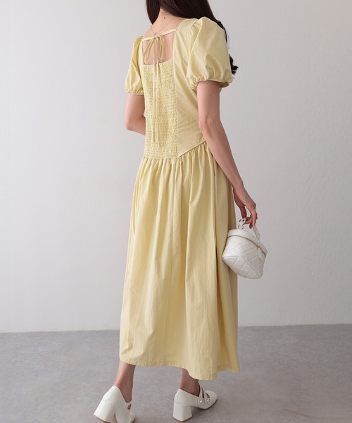 Lace Ladies（レースレディース）の「ソリッドカラー スクエアネック パフスリーブ ギャザー ワンピース（ワンピース・レディース・イエロー/アイボリー・FREE）」の5枚目の写真