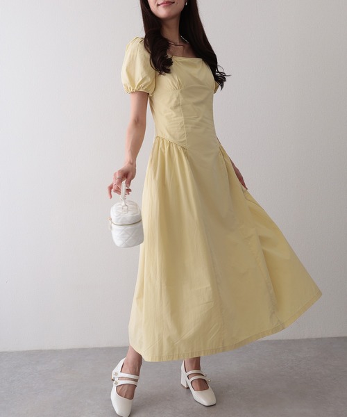 Lace Ladies（レースレディース）の「ソリッドカラー スクエアネック パフスリーブ ギャザー ワンピース（ワンピース・レディース・イエロー/アイボリー・FREE）」の9枚目の写真