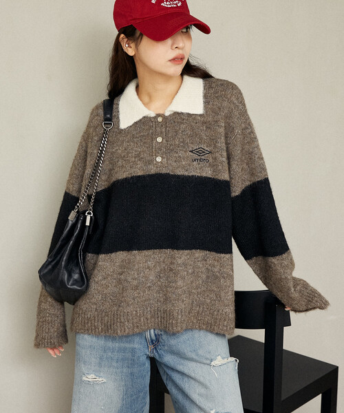 UMBRO × PUBLUX/アンブロ ワンポイント刺繍 ビッグ ラガー ニットポロ