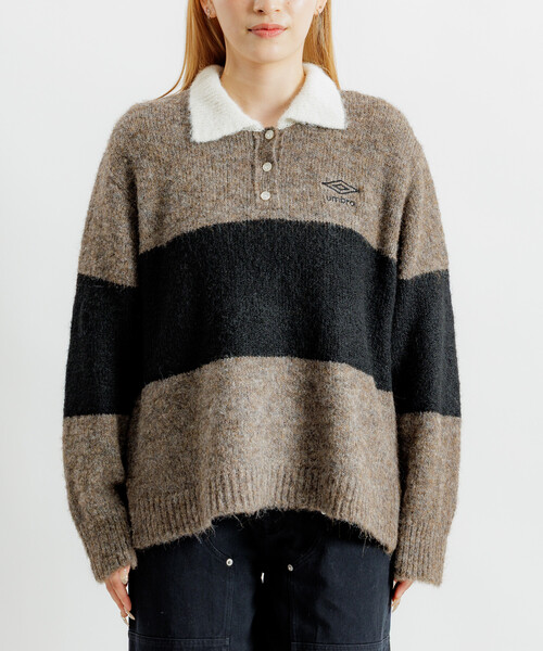 OWL Rockt! (500枚限定アングラコンピ) UMBRO × PUBLUX/アンブロ ワンポイント刺繍 ビッグ ラガー ニットポロ