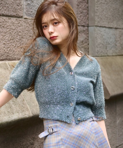 JILL by JILL STUART（ジルバイジルスチュアート）の「◇ラメフェザー半袖カーディガン（ニット/セーター・レディース・グリーン/ピンク/グレー・FREE）」の2枚目の写真