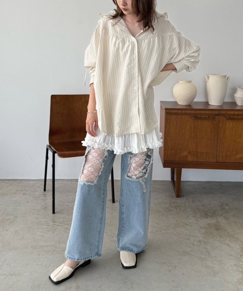 Jewelobe(ジュエローブ)の「BIGフードストライプドルマンルーズシャツ(シャツ/ブラウス・レディース・ブルー/アイボリー・FREE)」の3枚目の写真