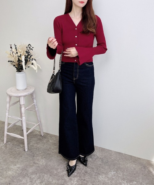 セール】【WEB限定】フレアスリーブリブニットカーディガン