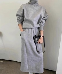 【上下セット】ボリューム ハイネックスウェット スリットスカート セットアップ　リラックスウェア