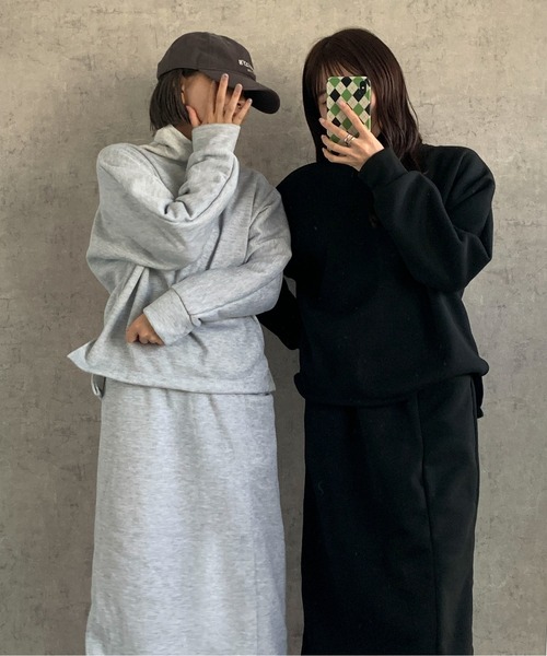 Maison Calme(メゾンカルム)の「【上下セット】ボリューム ハイネックスウェット スリットスカート セットアップ リラックスウェア(セットアップ・レディース・ピンク/グレー/ブラック・M/L)」の7枚目の写真