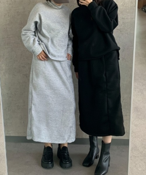 Maison Calme(メゾンカルム)の「【上下セット】ボリューム ハイネックスウェット スリットスカート セットアップ リラックスウェア(セットアップ・レディース・ピンク/グレー/ブラック・M/L)」の4枚目の写真