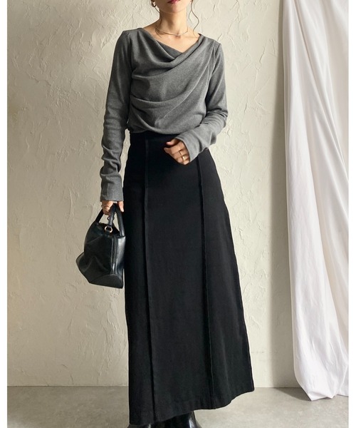 セール】2wayオープンネック長袖オフショルドレープトップス（Tシャツ