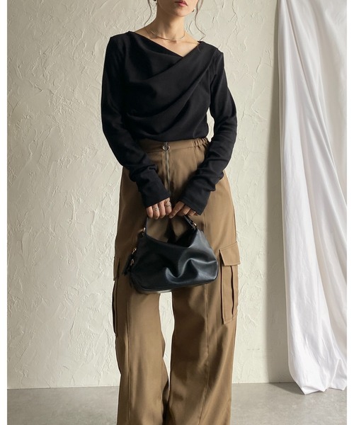 セール】2wayオープンネック長袖オフショルドレープトップス（Tシャツ