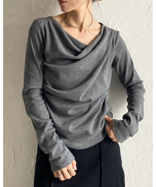 セール】2wayオープンネック長袖オフショルドレープトップス（Tシャツ