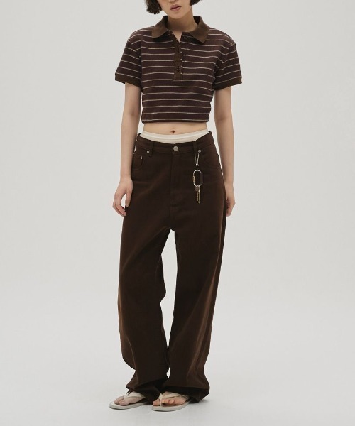 TODAYFUL(トゥデイフル)の「【TODAYFUL/トゥデイフル】Border Polo Tops/ボーダーポロトップス(ポロシャツ・レディース・チョコ/チャコールグレー・FREE)」の3枚目の写真
