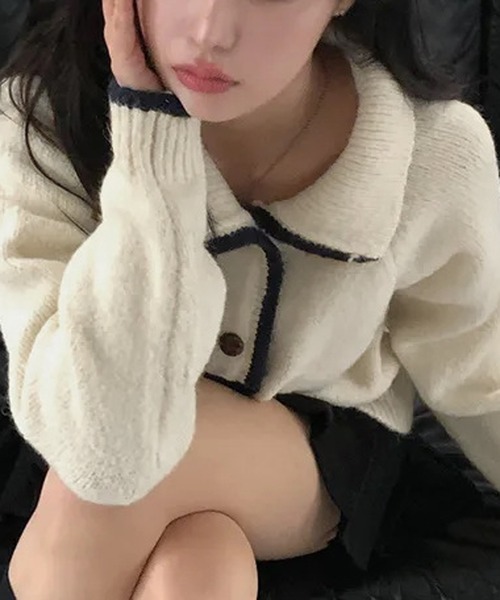 HALEY PESCA（ヘーリーペスカ）の「HALEY PESCA/襟付き　バイカラーフレンチニットカーディガン（カーディガン/ボレロ・レディース・ネイビー/グレー/アイボリー・FREE）」の8枚目の写真