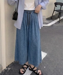 裾スリットデニムワイドパンツ