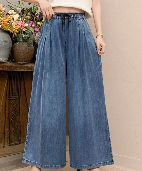 cammie(キャミー)の「裾スリットデニムワイドパンツ(デニムパンツ・レディース・インディゴブルー・L/M)」の2枚目の写真