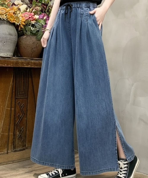 cammie(キャミー)の「裾スリットデニムワイドパンツ(デニムパンツ・レディース・インディゴブルー・L/M)」の5枚目の写真