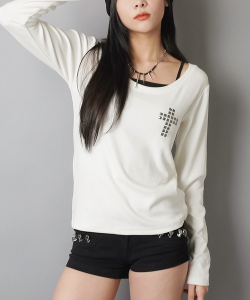 SPINNS(スピンズ)の「ギャル復活★スタッズが光る起毛テレコロンT(Tシャツ/カットソー・レディース・オフホワイト/杢グレー/ブラック・ONESIZE)」の18枚目の写真